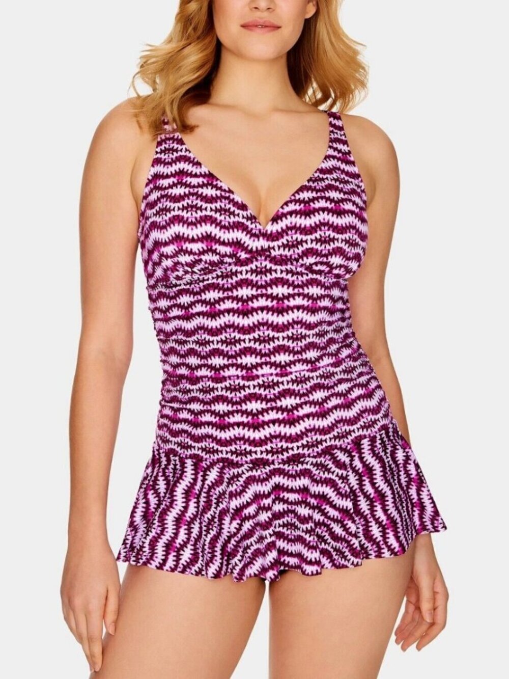 Swim Solutions Womens Skater Ruched Control Ruffle Skirted Swimdress Size 18 NWT
